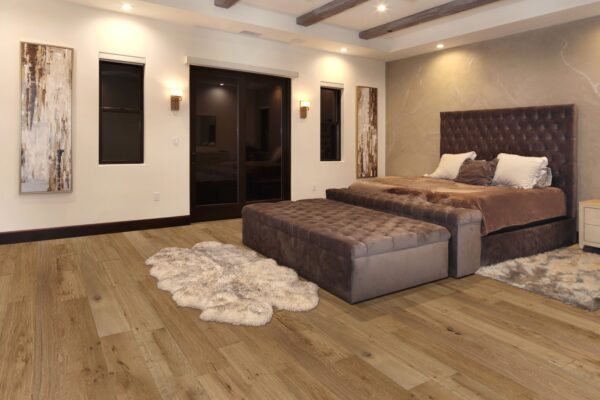 tufted bed medium dark european oak flooring sahara sand DM flooring