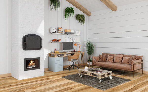 Modern Attic Room With Study Desk, Leather Sofa And Burning Fireplace Olympus by Johnson Hardwood PL-OLH30001